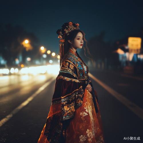 夜晚古装美女行走在马路上