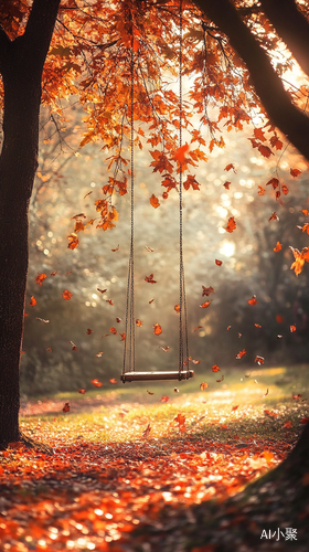 Autumn Tree Swing Surrounded by Falling Leaves in a Sunny Park