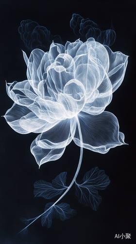 Minimalist Abstract Art of Fluorescent White Lotus on Black Background