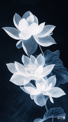 Minimalist Abstract Art of Fluorescent White Lotus on Black Background