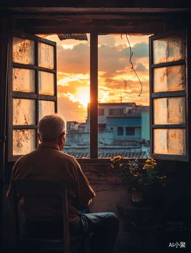 孤独老人欣赏夕阳落日的真实瞬间