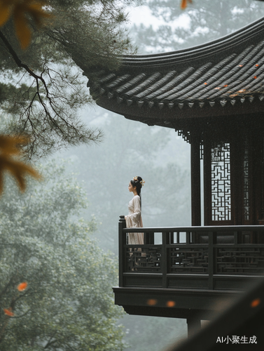 古典楼台美女远眺细雨飘落的唯美画面