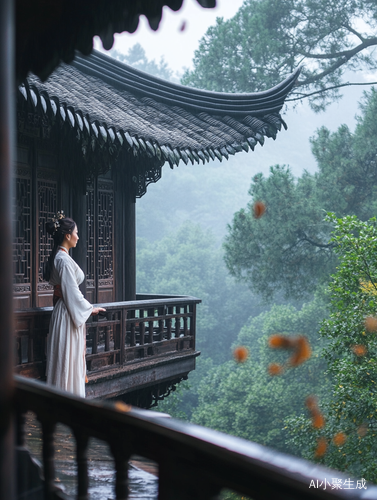 古典楼台美女远眺细雨飘落的唯美画面