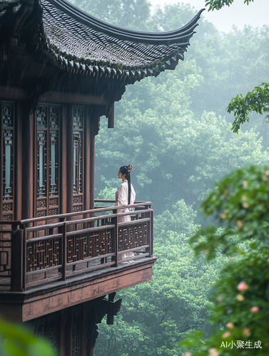 古典楼台美女远眺细雨飘落的唯美画面