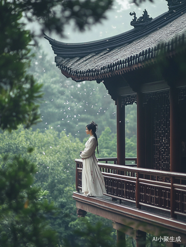 古典楼台美女远眺细雨飘落的唯美画面