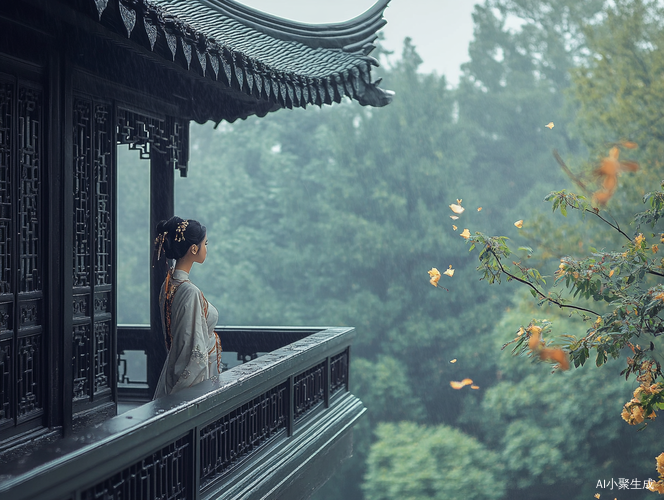 古典楼台美女远眺细雨飘落的唯美画面