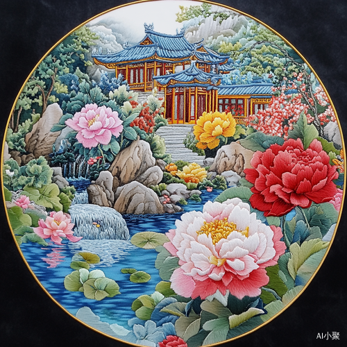 苏绣刺绣工艺品牡丹花古风建筑景观美图