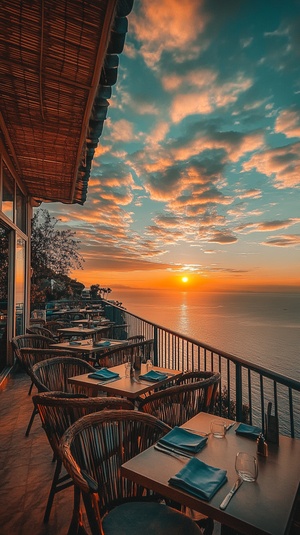 A balcony with chairs and tables overlooking the sea, sunset sky, golden clouds, colorful colors, golden light, bright orange tones, high definition photography photos, wideangle lens, natural scenery, warm atmosphere, soft lighting, peaceful tranquility.,,in v 6.0极速 ar 9:16