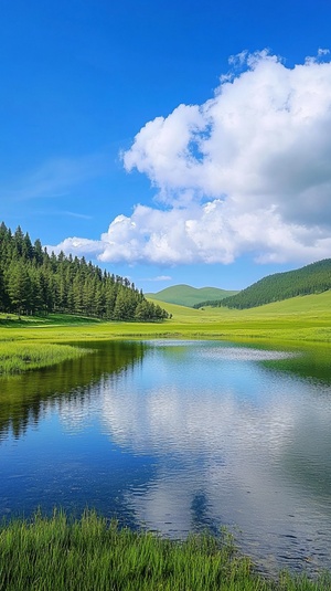 在乌兰巴托的夏季,以K插图和迪士尼动画风格,有一个无尽的草原,其边缘有清澈的水,两侧被茂密的森林环绕。前方矗立着霍尔斯戈尔山,其镜面般的湖泊反射着蓝天白云。绿色草地在阳光下闪耀,创造了一幅大自然美景的画面。绿色草地延伸到远方,雄伟的山峦成为背景风景。