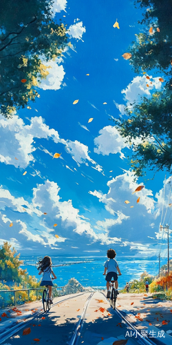 宫崎骏风格手绘壁纸描绘海边骑行的校园时光