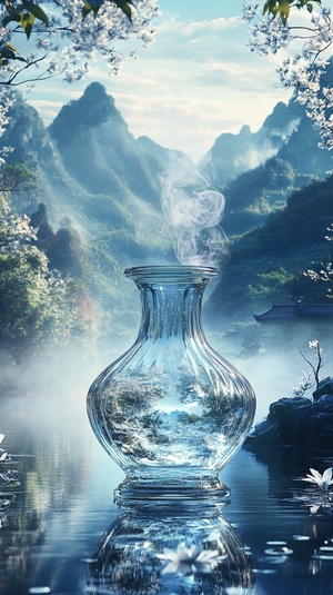 3d three-dimensional art, panorama, Chinese transparent chunky glass vase, the vase is the background scenery, the background is a fantasy wonderland, the smoke is floating, the overall picture hazy Xianqi, beautiful and clean, Chinese painting style, panorama