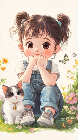 A cute little girl with big eyes, sitting on the ground wearing overalls and sneakers, holding her chin in hand smiling happily. There is an adorable cat next to her playing around. The background features flowers and butterflies, creating a warm atmosphere. It was drawn in the style of Qian Zhenmei using traditional animation techniques, featuring high-definition details. White solid color background. ar 3:4 style raw stylize 750 niji 6