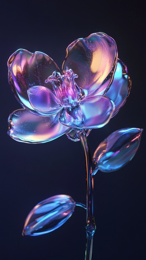 A glass flower, elegant orchid, Gradient translucent glass melting, Clear glass, Epic Details, Laser effects, Corrosion effects, extremely beautiful visuals, Clean shading, minimalism, High Detail, Bright Glow, studio lighting, Macro shooting, blue-pink tones, 3D Art, Blender, oc Renderer, 16k