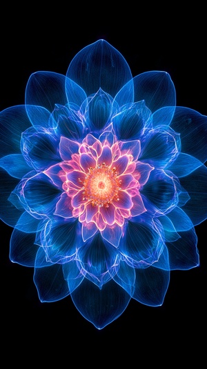 a bright blue and pinkluminescent flower, Beautiful Mandala of a DAVID AUSTIN, isolated against a deep black background, shot with a 100 pixel hasselblad medium format camera. Extraordinary detail. -V 6.0 s 750