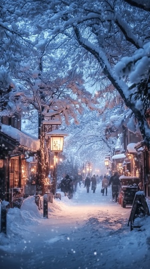 街道被厚厚的雪覆盖,两侧的树木开满了厚厚的白色花朵和叶子。旁边的路上有日本风格的建筑。有一盏老式的油灯从一棵树上垂下来,窗下有光线照射。人们在周围走动,创造出一个美丽的冬季景象。照片使用了高清摄影技术,呈现出了细腻的细节。它展现了一种梦幻般的氛围,让每一个细节都栩栩如生。