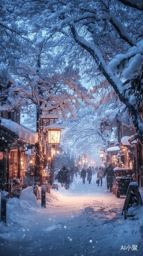 冬季梦幻街道雪景与日本风格建筑