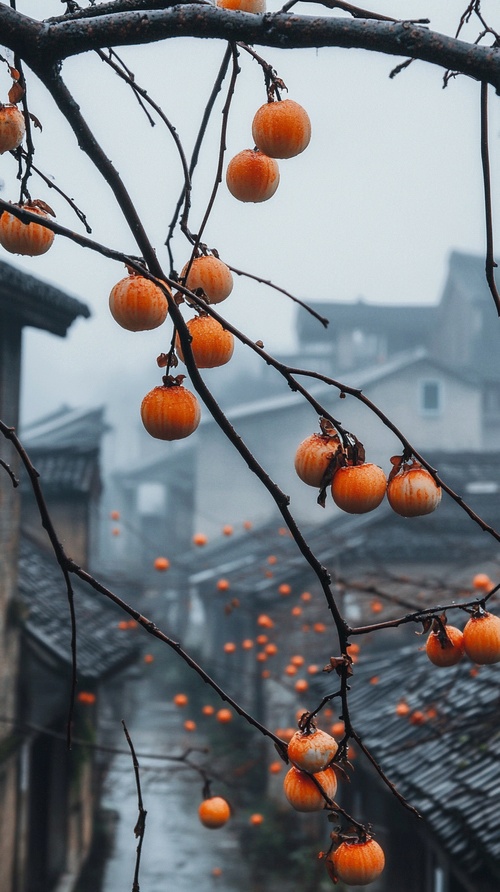 江南小镇，柿子熟了挂满枝头，阴天，朦朦细雨