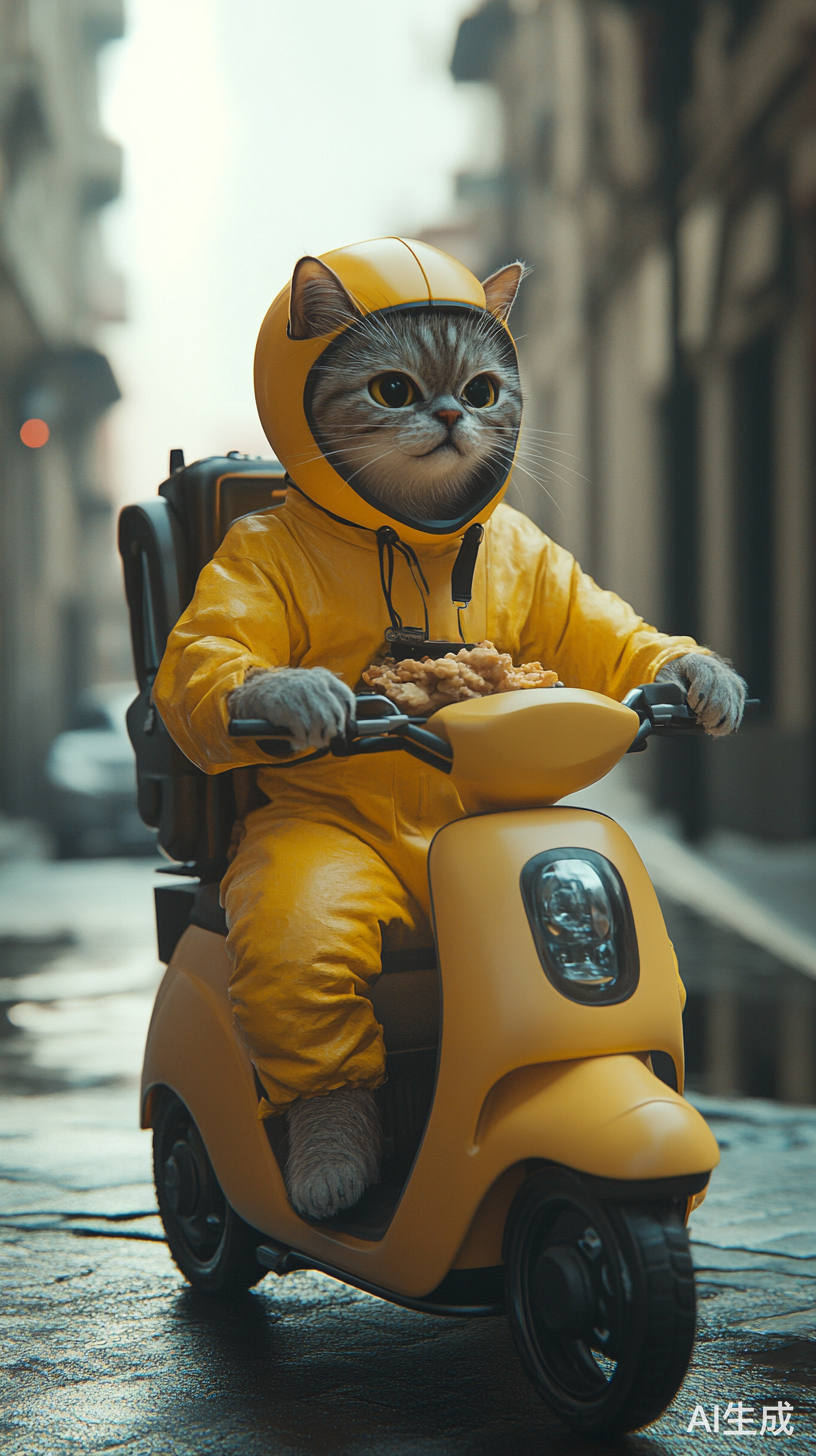 猫骑电动车送外卖身穿黄色服装带头盔