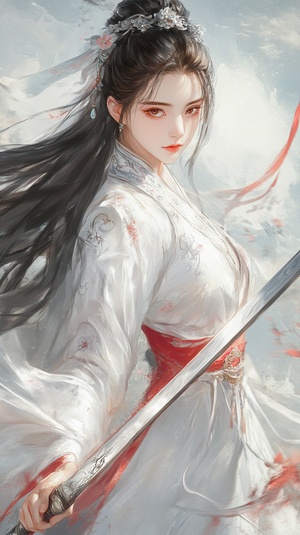 Gushan Royal Sister in Red and White Dress with Chinese Sword