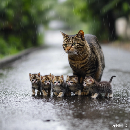 猫妈妈与九只小猫在雨中温馨依偎