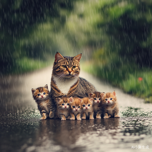 猫妈妈与九只小猫在雨中温馨依偎