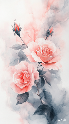 Ethereal Ink Painting of Roses with Delicate Brushstrokes