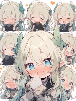 A Cute little elf, depicting her various emotional expressions in a chibi style.The sheet includes happy, sad, and crying versions of the character. ar 85:112 s 750 niji 6