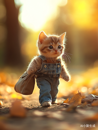 金秋阳光下的可爱胖猫穿牛仔衣背小书包