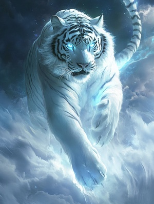 Glowing White Tiger of the West in Dreamy Cloud Fairyland