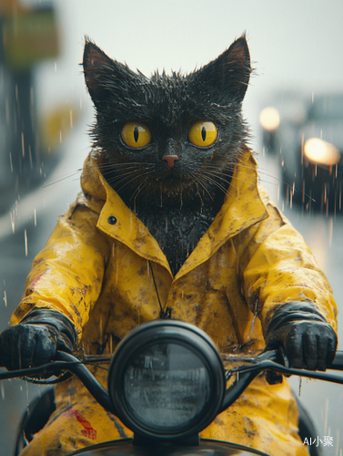 雨中骑行的拟人化猫送外卖的坚强写实生活