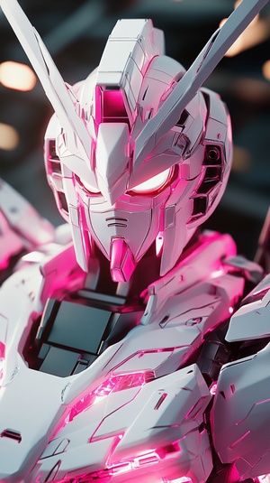 Gundam, white and pink, Portrait lens , Modern, clear, brand new， rendered in Octane,All metal surface，Spring, romance, Super Resolution, high detail, Megapixel, Cinematic lighting, Anti Aliasing, Insanely detailed and intricate, Super detailed, Volumetric lighting, Realistic, Glowing eyes，High-definition picture quality , 8K niji 5 q 2 v 5