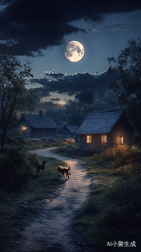 夜晚乡村的宁静氛围与月光下的温暖房屋