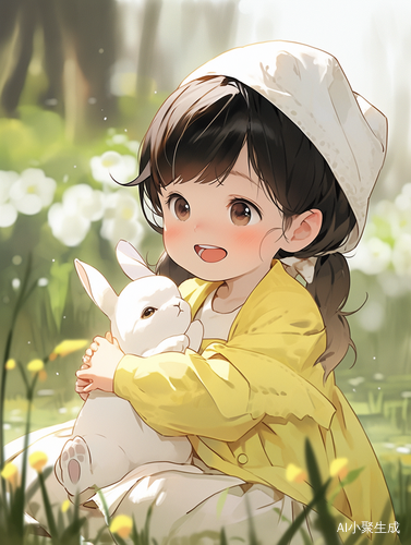 可爱小女孩黄裙子抱兔子在草地上玩耍