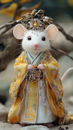 A white mouse dressed in an exquisite Chinese costume, adorned with gold and silver jewelry on its head. The mouse is wearing gorgeous Hanfu-style yellow with intricate details, and has big, high-definition eyes in a high-resolution photograph. ar 67:120