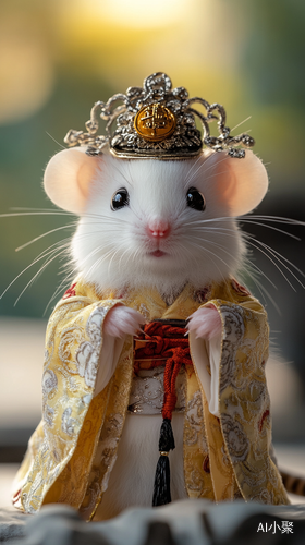 A White Mouse in Exquisite Chinese Costume Adorned with Jewelry