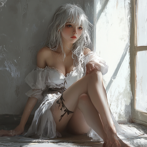 白色地板灰色墙壁科技感宅家少女
