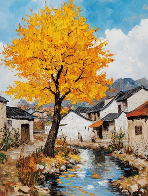 Chinese village in autumn, golden ginkgo tree, small river water, oil painting by Vincent Willem van Gogh, brush strokes, bright colors, high detail, hyper quality, high resolu-tion, HD, 32K, v 6.0 style raw