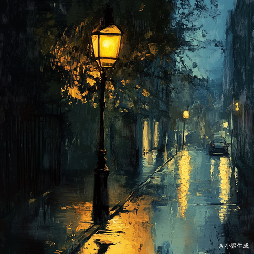 雨夜路灯下的寂静世界