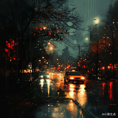 城市下雨时汽车穿行于大自然之间