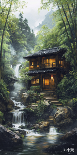 雨天竹林小屋茶香四溢的宁静风景