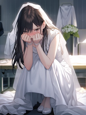 anime style,HD,8k,masterpiece,best quality,(modern urban style:1.2),1female(25year old),with long hair, black hair, brown eyes, casual wear, white casual wear, (wronged, incredulous), squatting on the ground, covering the face and crying, in the wedding room.