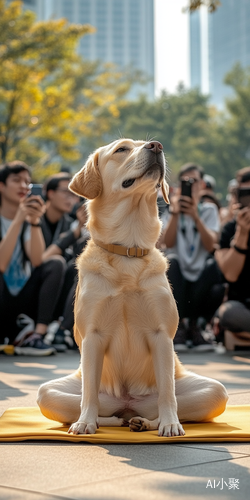 拉布拉多瑜伽旁围观拍照的人群