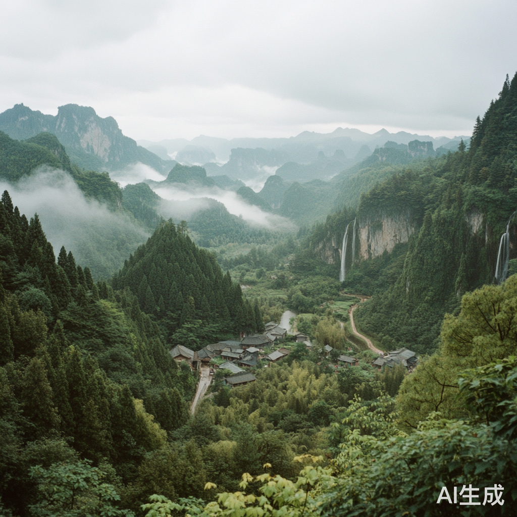 贵州山峦村庄的云雾与瀑布风景摄影