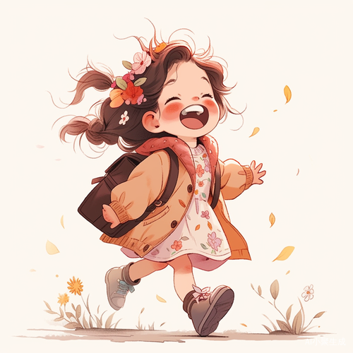 欢笑奔向幼儿园的小女孩与书包和裙子