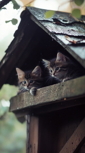 雨天，两只小猫躲在屋檐下