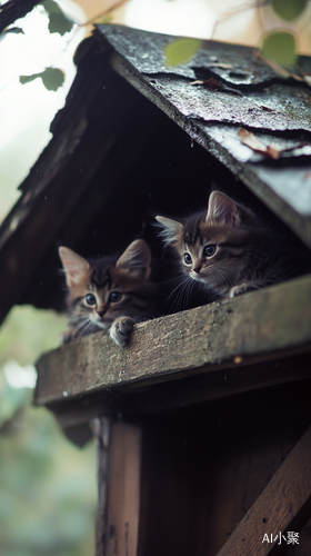 雨天两只小猫躲在屋檐下