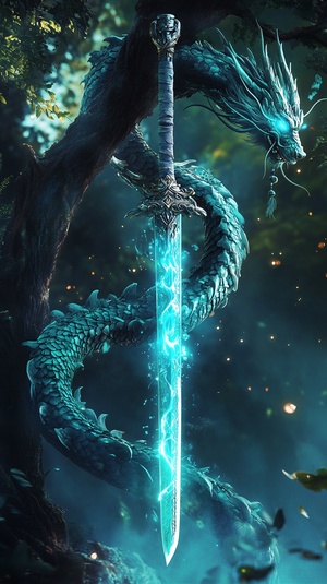 logo of cyan dragon wrapped around sword, The sword is slender and strong, cyan luster, The hilt is made of wood, glowing cyan eyes, Contains the vitality of spring, The toughness of wood properties, A scene of trees and green leaves, Full of vigor and vitality, Chinese fantasy style, hyper realistic, high resolution, hyper detailed, cinematic look, Surrealism, symmetrical composition, Natural and Authentic, realistic details, volumetric lighting, exquisite details, Super detailed, best quality, UHD, HDR, s