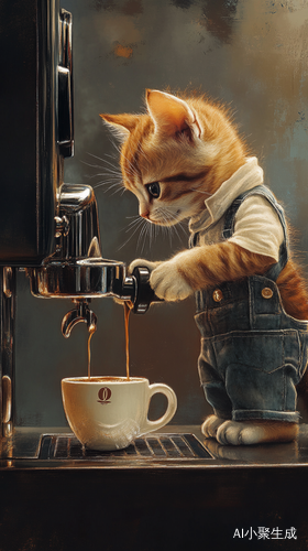 猫咪穿工作服看咖啡流入杯中的搞笑场景