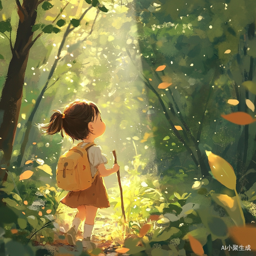 小女孩兴奋踏入阳光洒落的森林探险