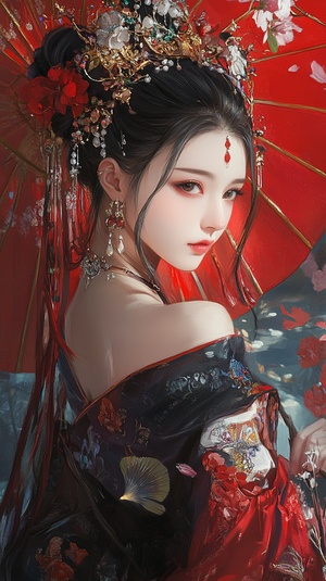 A beautiful Chinese girl appears in manypaintings with large movements, a bird's-eye view angle, a beautiful face, natural lighting, beautiful colors, rich composition, andtraditional Chinese painting style, full-bodyshot. ar 9:16 niji 6